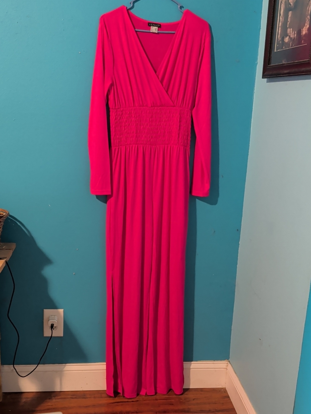 VENUS Fuchsia Long Sleeve Smocked Waist Maxi Jumpsuit